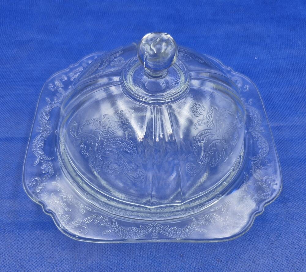 1970s Indiana Glass Madrid Pattern Clear Covered Butter Dish 7x4.5" Elegant